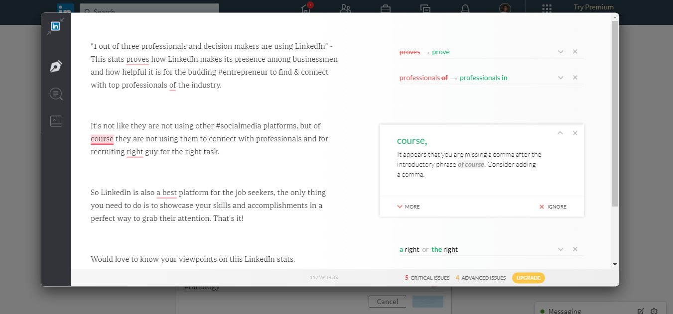 Grammarly showing errors in LinkedIn post update