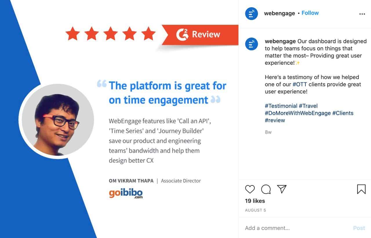 Webengage Customer Testimonial Instagram marketing example