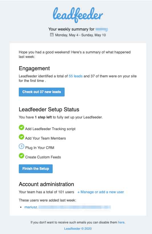 Leadfeeder Weekly Email Alert