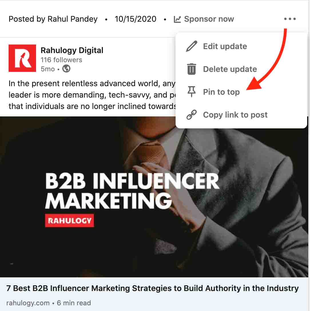 Pin post on top of LinkedIn Company Page feed